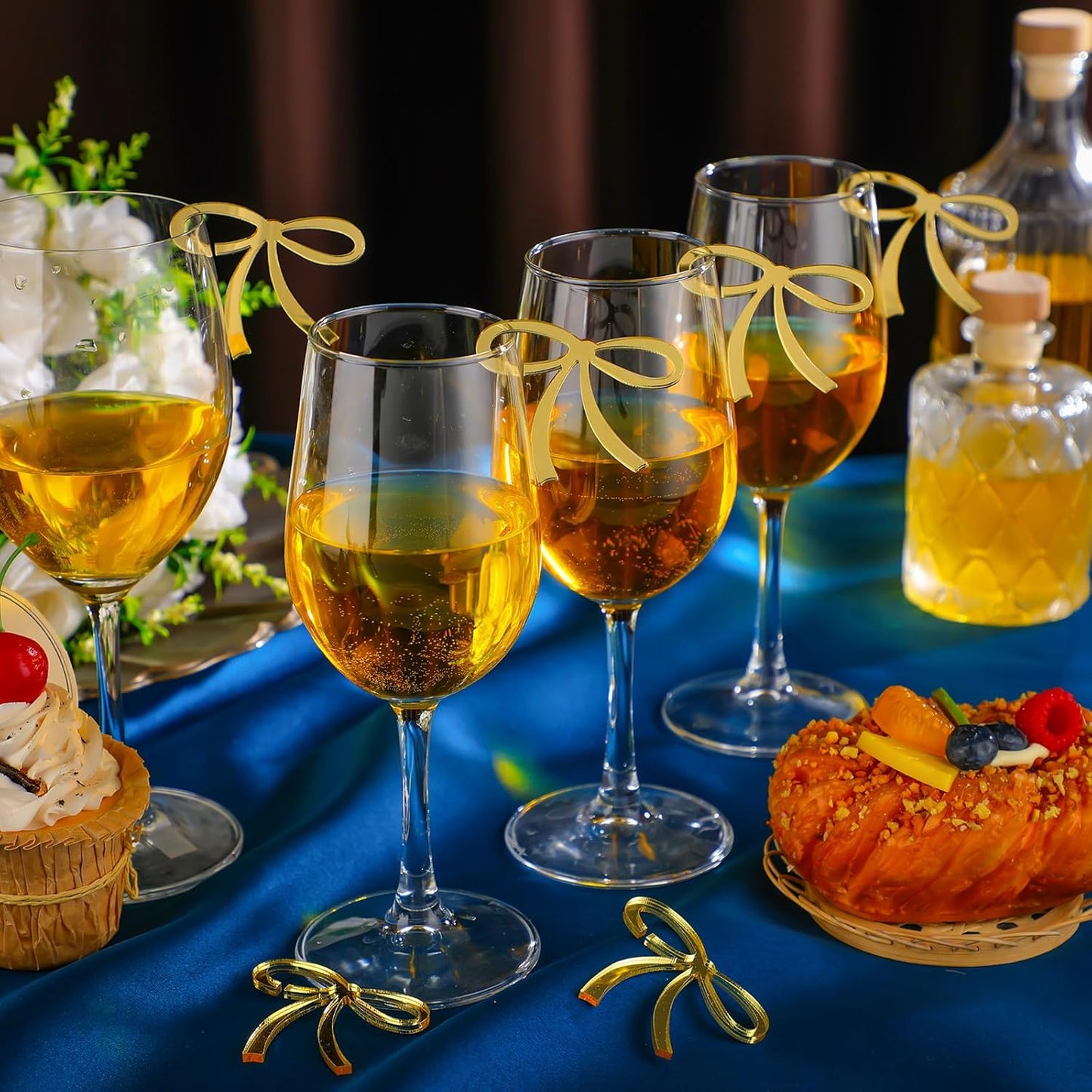 50 Pcs Bows Drink Tags Coquette Bow Wine Glass Charms Acrylic Bowknot Drink Tag for Bachelorette Birthday Wedding Coquette Tasting Party Decor Accessory(Gold)