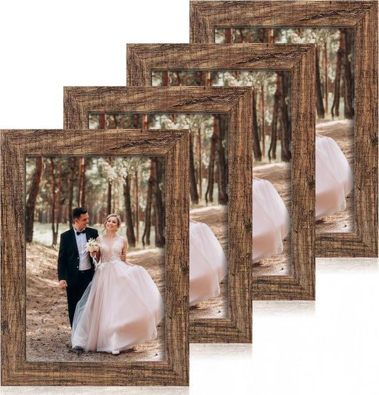 6x9 Picture Frame Set of 4, High Definition Real Glass Rustic Wood Frame, 6 x 9 Photo Frames for Tabletop Display and Wall Mounting