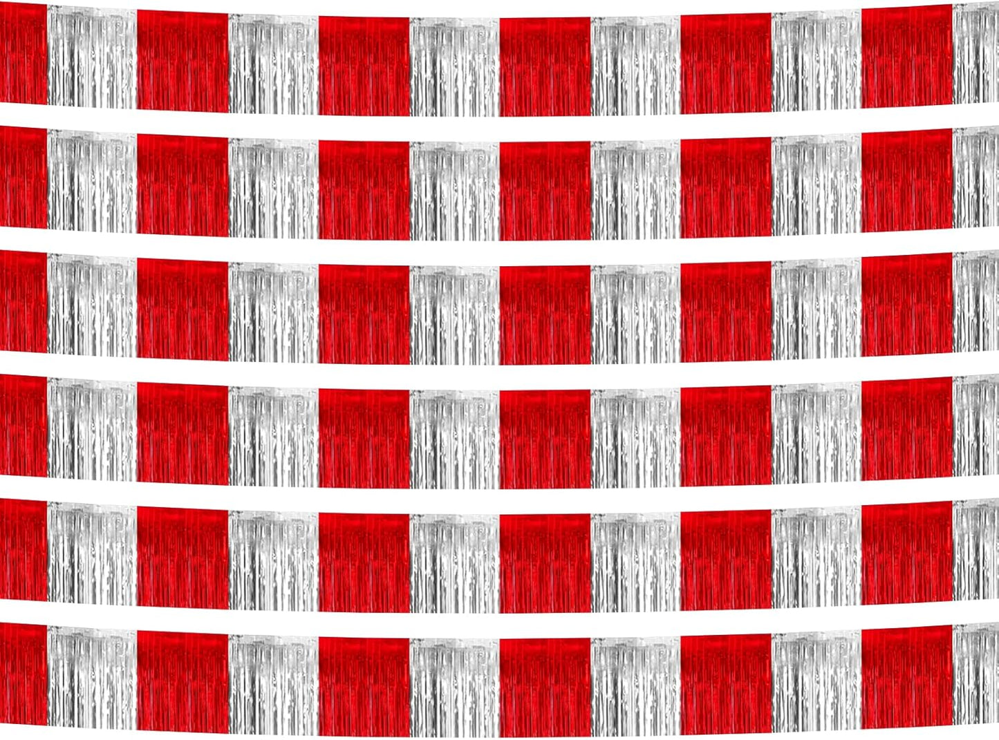 6 Pack 10 Feet Red Silver Foil Fringe Garland Metallic Tinsel Streamers Banner Wall Hanging Curtain Backdrop Banner for Parade Floats, Thanksgiving, Christmas, Birthday, Halloween Party Decorations