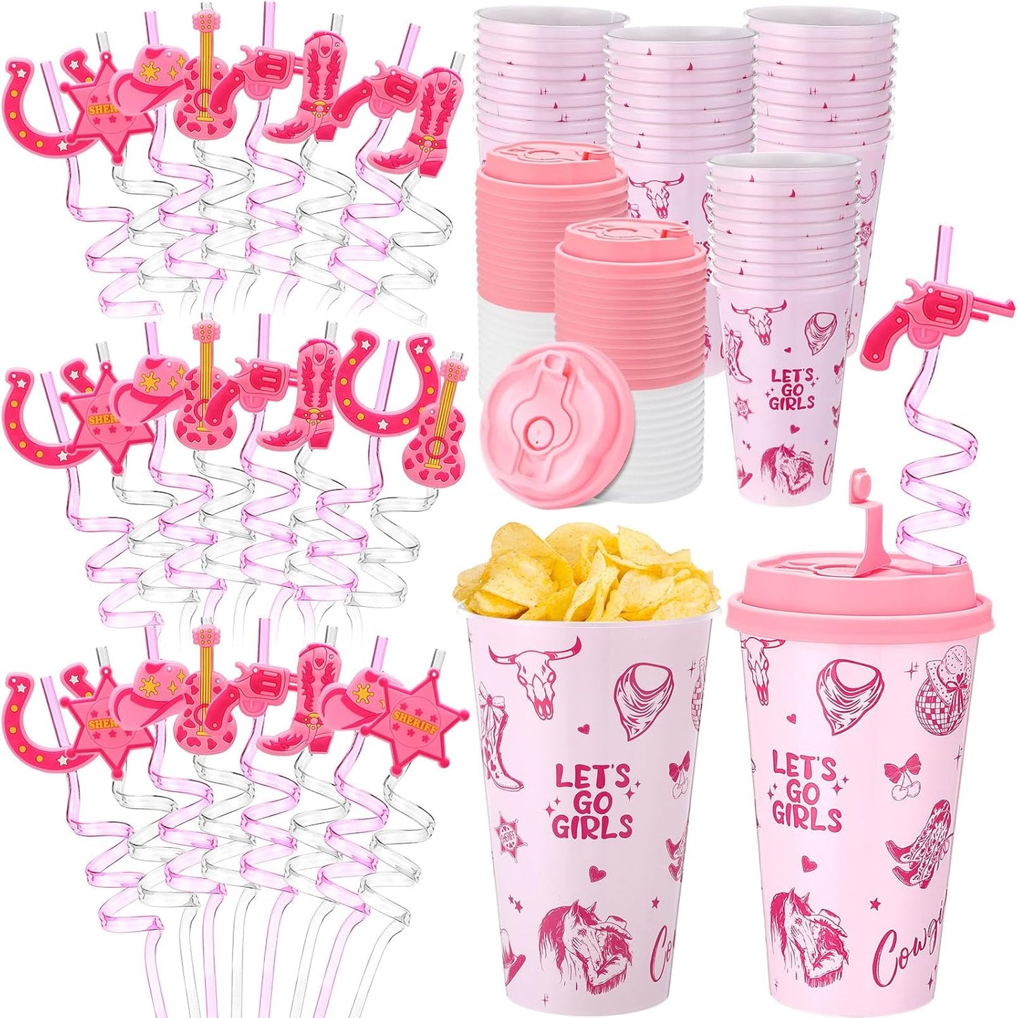 Yungyan 24 Sets Pink Cowgirl Party Favors Goodie Cups with Lids and Straws for Halloween Party Decorations Reusable 16oz Plastic Candy Cups Plastic Straws for Birthday Gift(Pink Cowgirl)