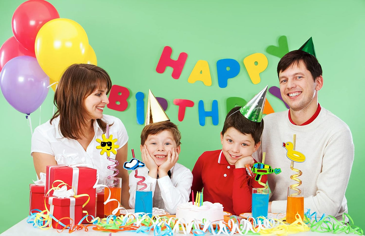 24 Pieces Beach Theme Reusable Shape Straws, Drink Straws Beach Ball Pool Summer Birthday Party Favor Decorations with 2 Cleaning Brushes 8 Color Straws