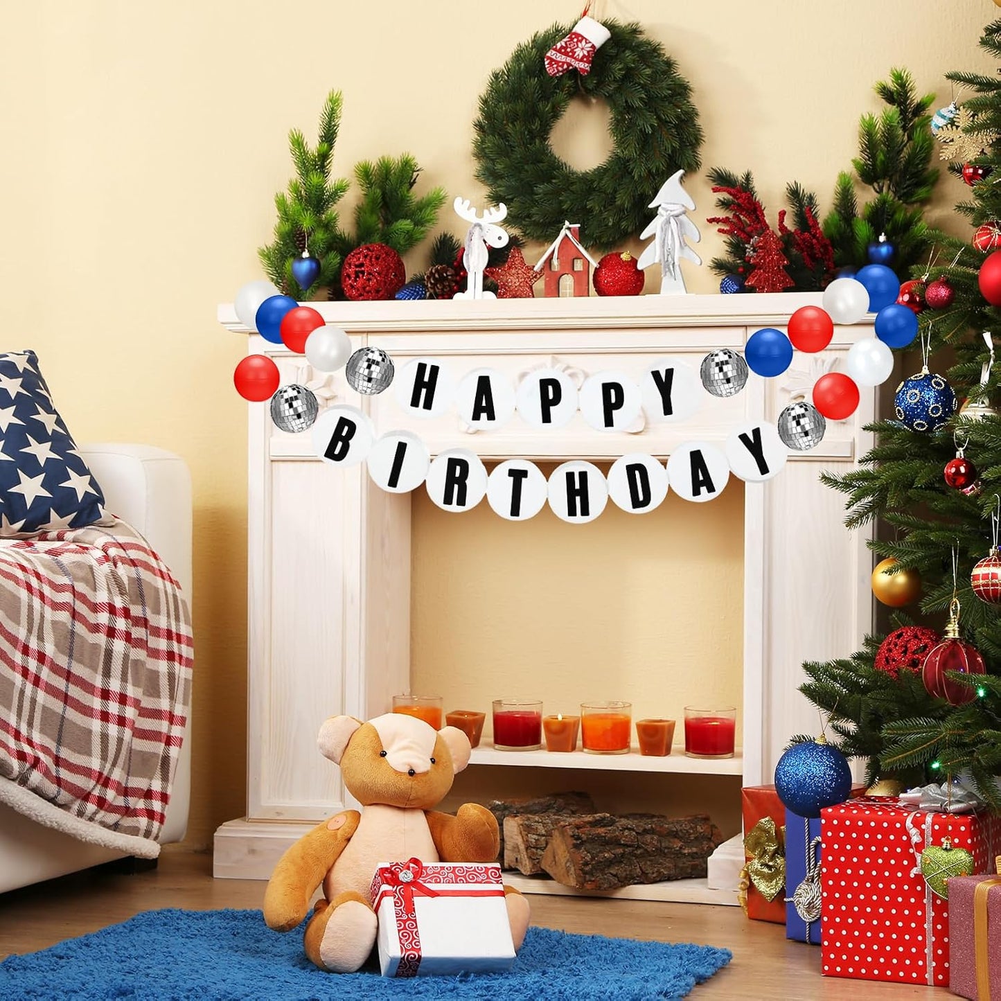 Giant Friendship Bracelet Garland Kit, DIY Birthday Banner with Letters Ball Jumbo Customizable Friendship Bracelet Decor for Halloween Christmas Wedding Party(White, Red, Blue)