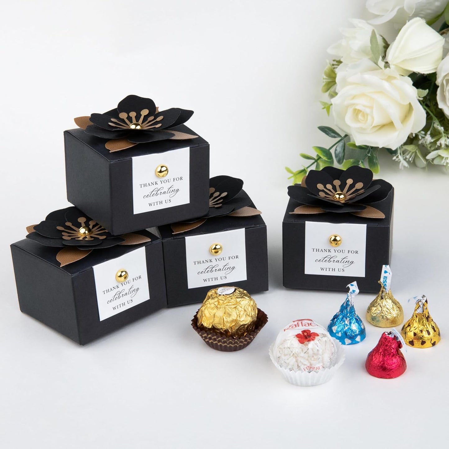 FEIYI 20 PCS Candy Boxes, 3 In 1 Black Favor Boxes with Floral Decor, White Thank You Tags Gift wrapping for Wedding Birthday Baby Shower Decorations Party -2.55x2.55x1.77''