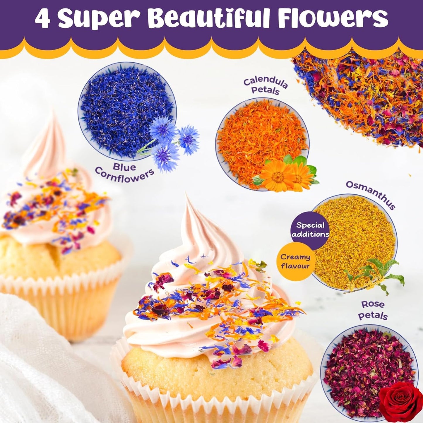 4 Kinds Natural Dried Edilble Flowers Petal Blend (3.5 Ounce), Edible Flowers for Cocktail, Cake Decoration, Soap Making, Ice cream. Include Rose Petals, Cornflower, Osmanthus, and Calendula