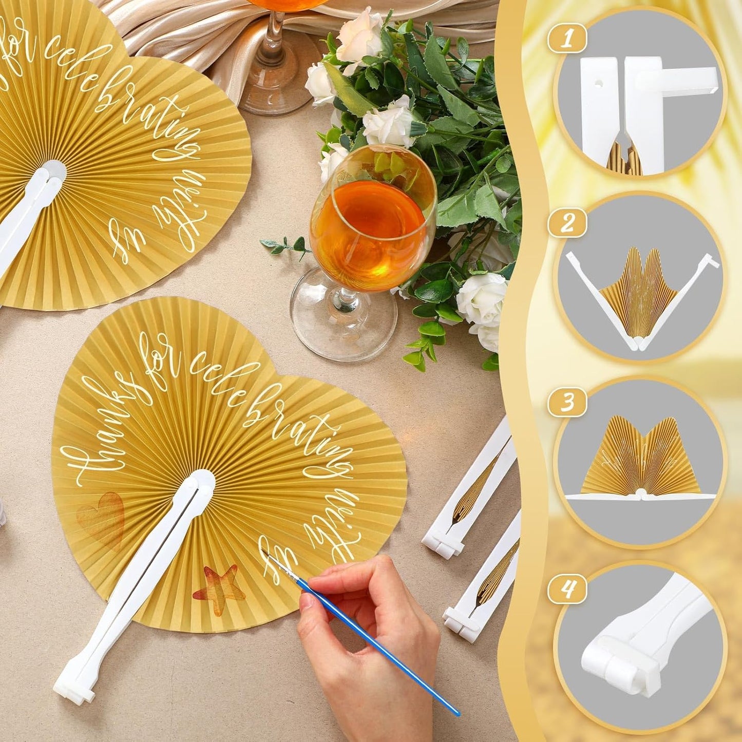 120 Pieces Paper Hand Held Fan Bulk Paper Folding Fans for Weddings Foldable Wedding Fans Bridesmaid Gift for Guest Bridal Shower Dancing Party DIY Craft Photo Props Wall Decoration(Gold,Heart)