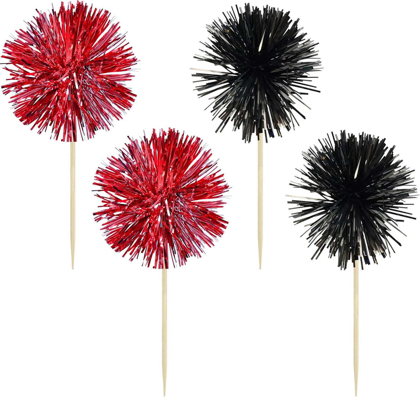 Gyufise 30Pcs Foil Firework Cupcake Toppers Sparkle Tinsel Cake Toppers Tinsel Drink Cake Decoration Cocktail Picks for Birthday Wedding Graduation Party Supplies Black Red