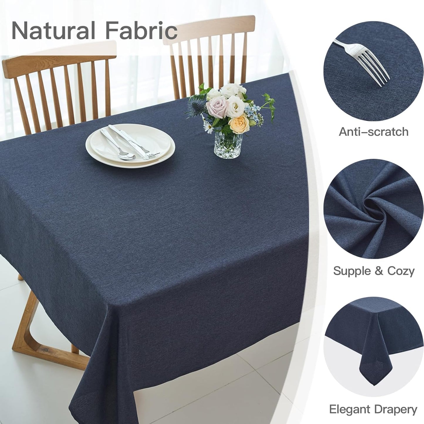 maxmill Linen Texture Tablecloth Water Resistant Antiwrinkle Spillproof Wipeable Washable Soft Fabric Table Cloth for Dining Room, Buffet Banquet Party Holiday, Rectangular 60 x 108 Inch, Navy Blue