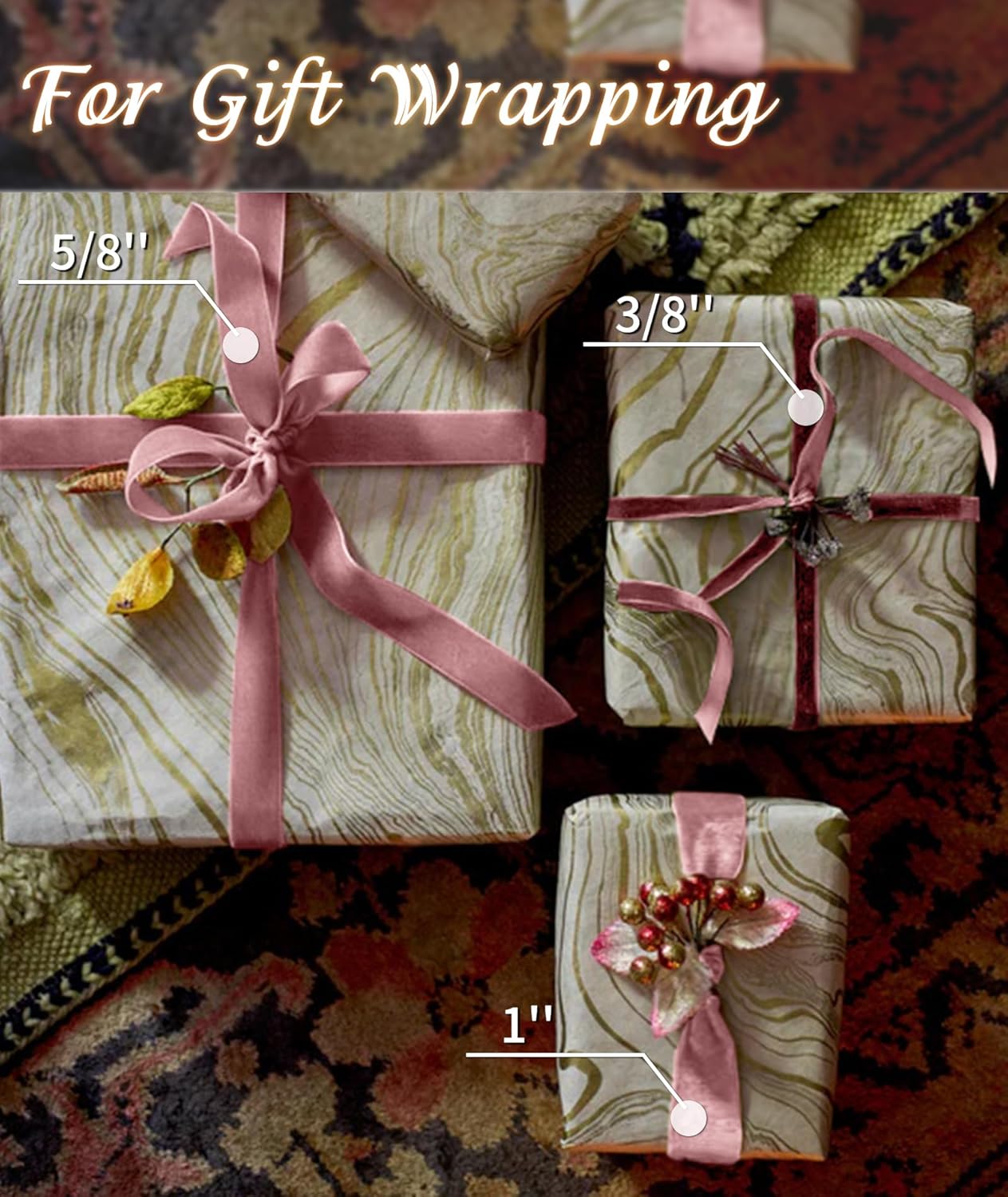 Pink Velvet Ribbon 3/8'' 25 Yards for Christmas Tree, Gift Wrapping, Flower Bouquet, Wreath Decorations, Bow Making