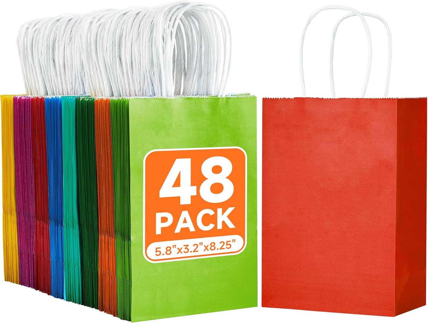 METAPRINT 48 Pcs Rainbow Paper Gift Bags with Handles in Bulk, 5.8x3.2x8.25 inch Small Kraft Paper Bags for Birthdays, Party Favors, Wedding (8 Colors)