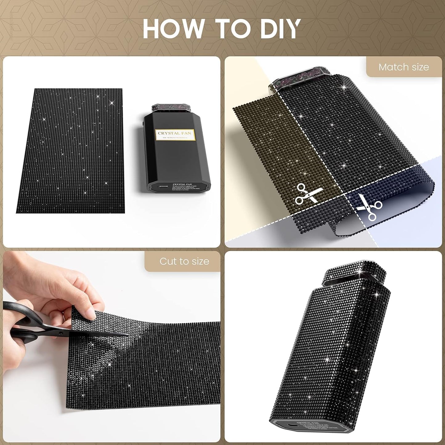 Lady Rechargeable Personal Fan with 3 Speeds, Quiet Portable Mini Cooling Desk Fan - Safe for Girls & Women - Black Rhinestones