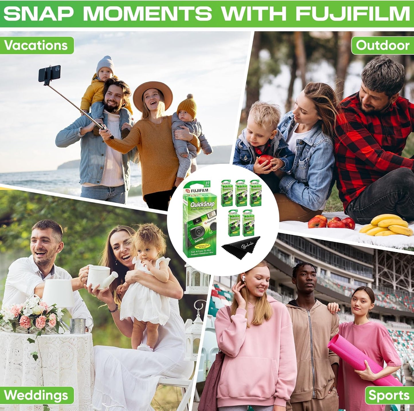 Fuji Film Quicksnap Flash Disposable Camera 400 Iso, 6 Pack, 35mm 27 Exp,with Balveli Coth, Fuji Film Disposable Camera Bulk, 6 Pack of Fuji Disposable Cameras.