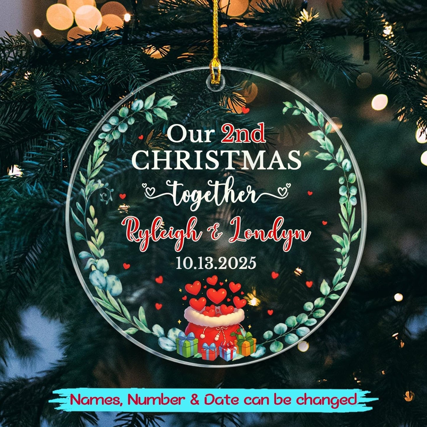Our 2ND Christmas Together Ornament 2025, Personalized Date & Names Couple Together Xmas Ornament Gift for Dating Anniversary, Custom Mr & Mrs Christmas Ornaments for Women Men Boyfriend Girlfriends