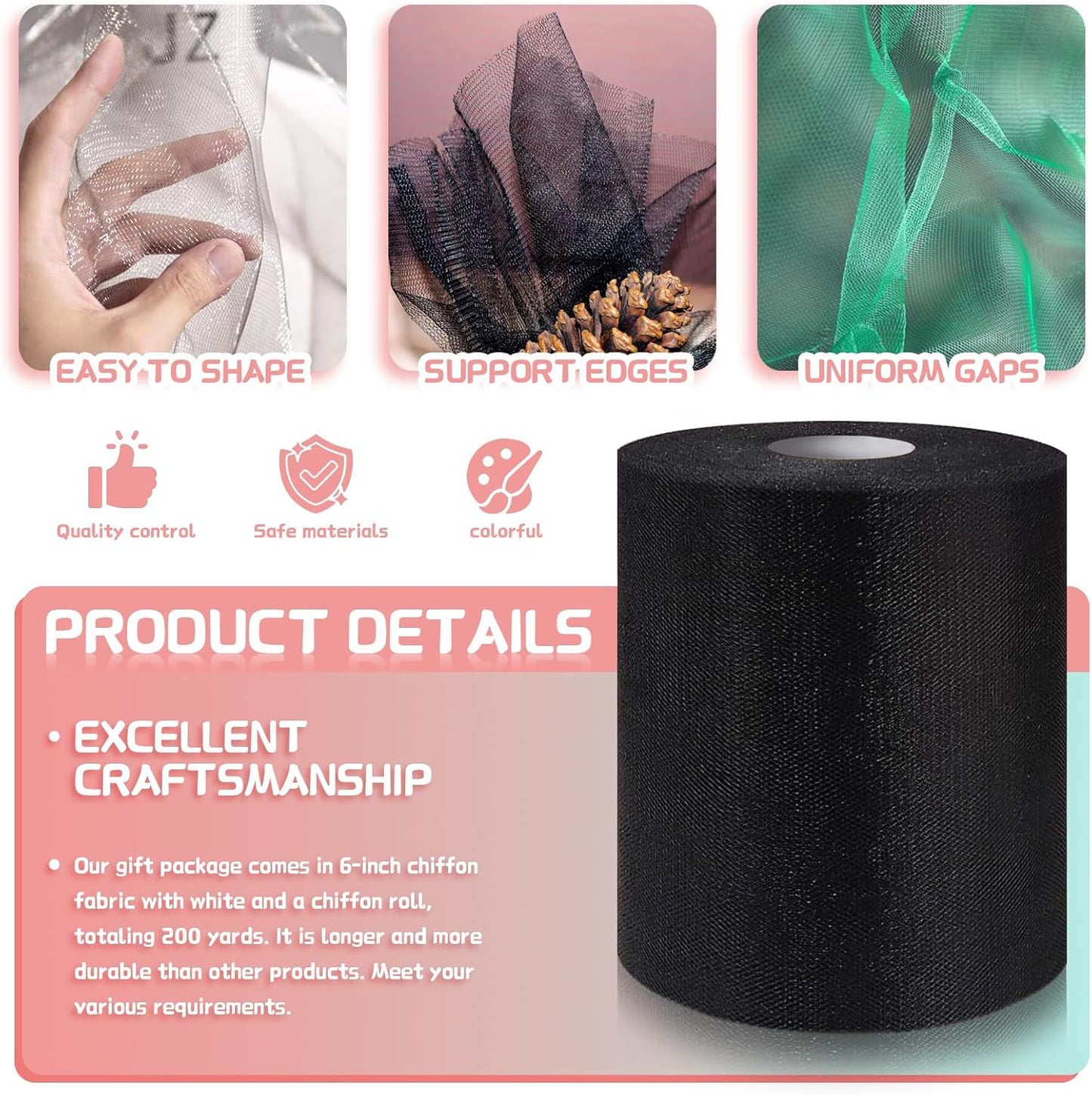 6" x 200 Yards Black Tulle Fabric Rolls, Black Spool Tulle Ribbon for DIY Tutu Skirt Black Wedding Decoration Baby Shower Birthday Party Backdrop Gift Wrapping Bow Craft Supplies