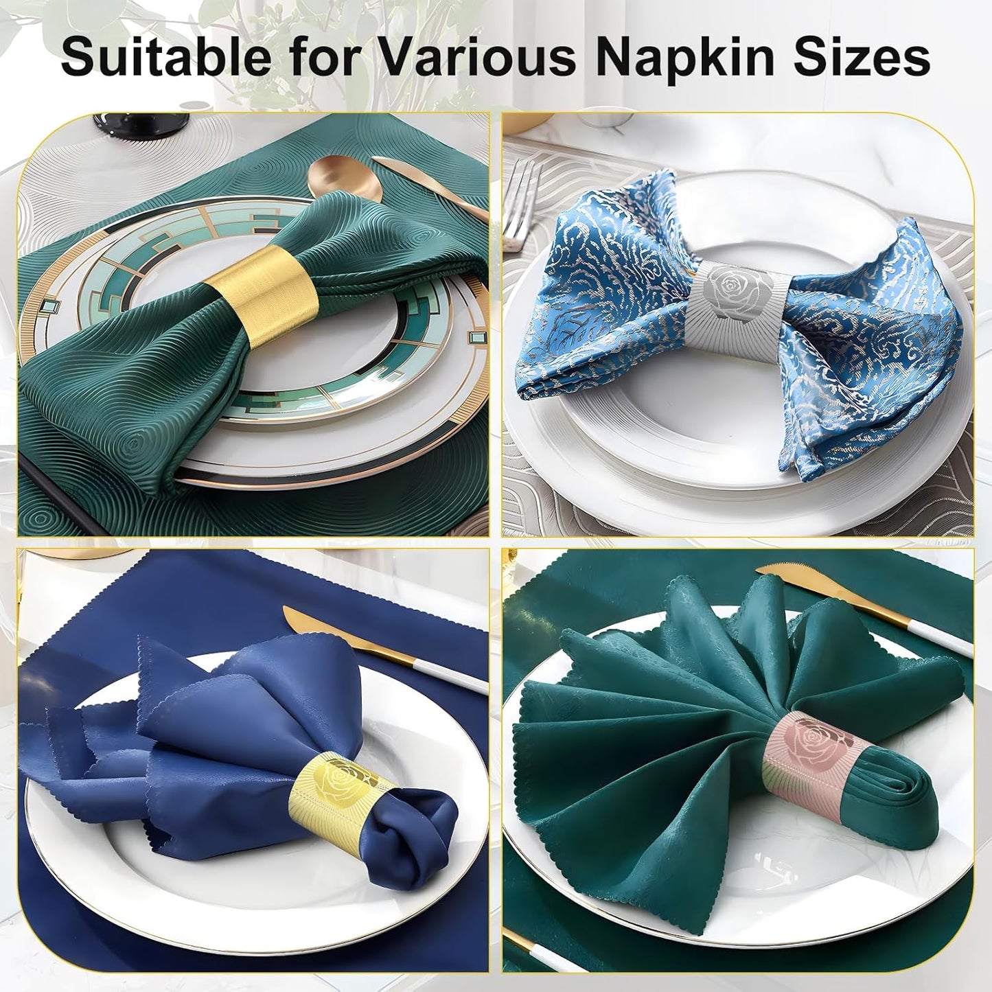 Polymer Material Reusable Napkin Band, Glue-Free Tear-Proof Water Resistant Oil-Proof Napkin Bands Set of 200(Assorted 4 Front Colors and Back Silver), 6 Adjustable Sizes Napkin Rings