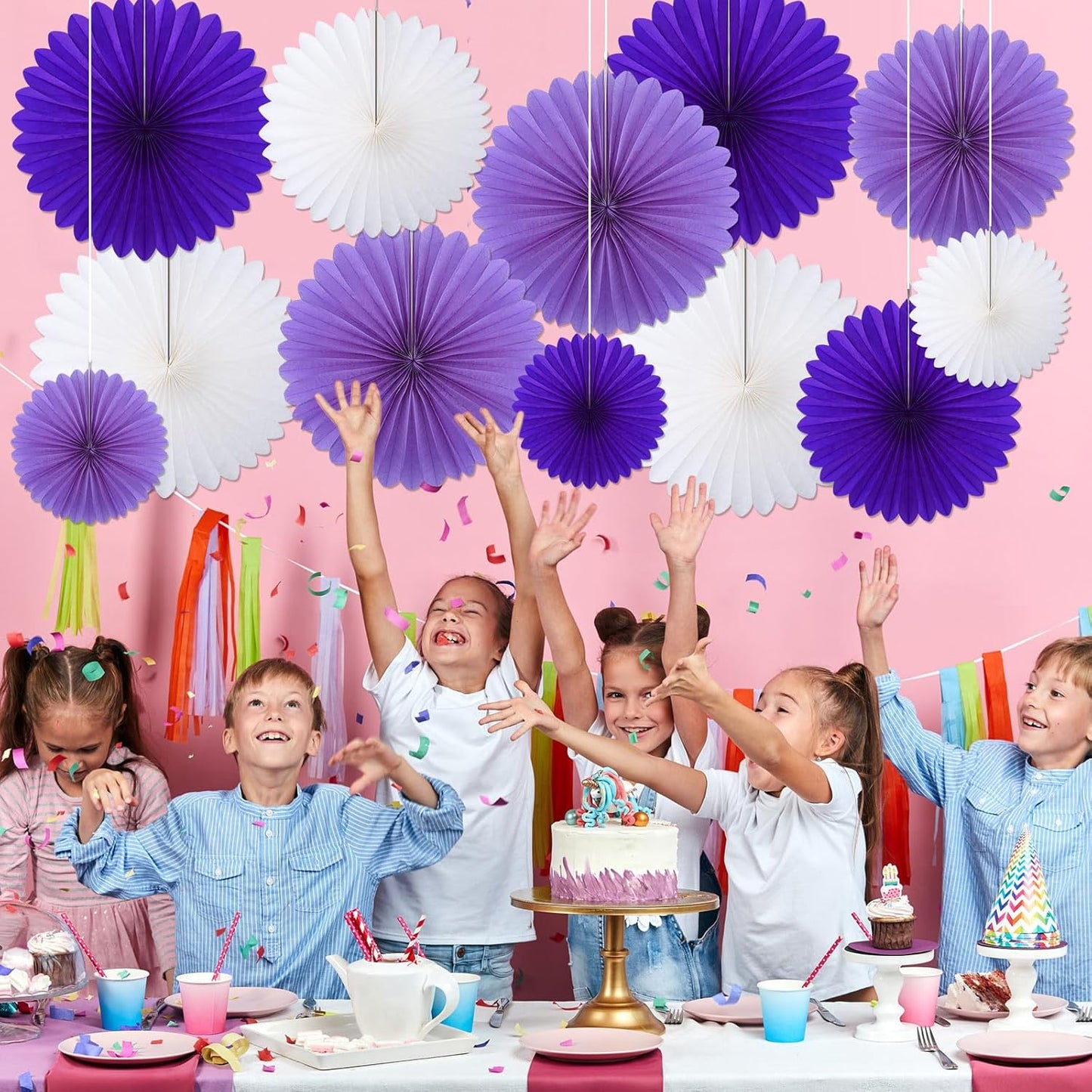 24 Pcs Purple and White Paper Fans Purple Party Decorations Classroom Decor Wall Background Ceiling Hanging Decoration for Birthday Wedding Baby Bridal Shower Engagement Party Decor