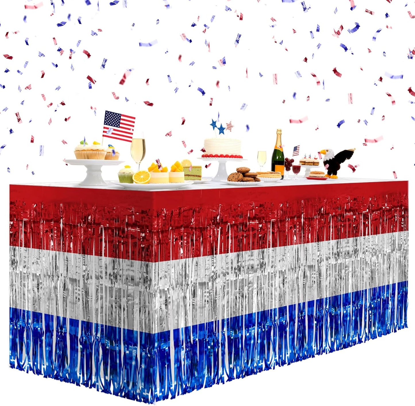 2 Pack Red&White&Blue Table Skirts, 29x108" Metallic Foil Tinsel Fringe Table Skirt for Rectangle Tables Streamer Curtains Backdrop, Party Decorations for Birthdays, Weddings, Holidays