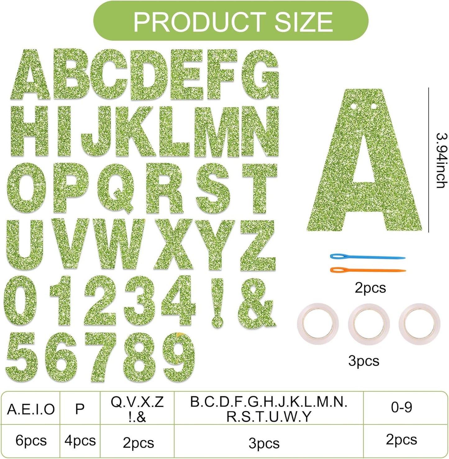 BEISHIDA 116 PCS Glitter Grass green DIY Letter Banner Kit Make Your Own Banner，Including 111 Letters and Numbers 3 Rope and 9 Threading Device,Customized for Birthday Graduation Wedding Party Decor