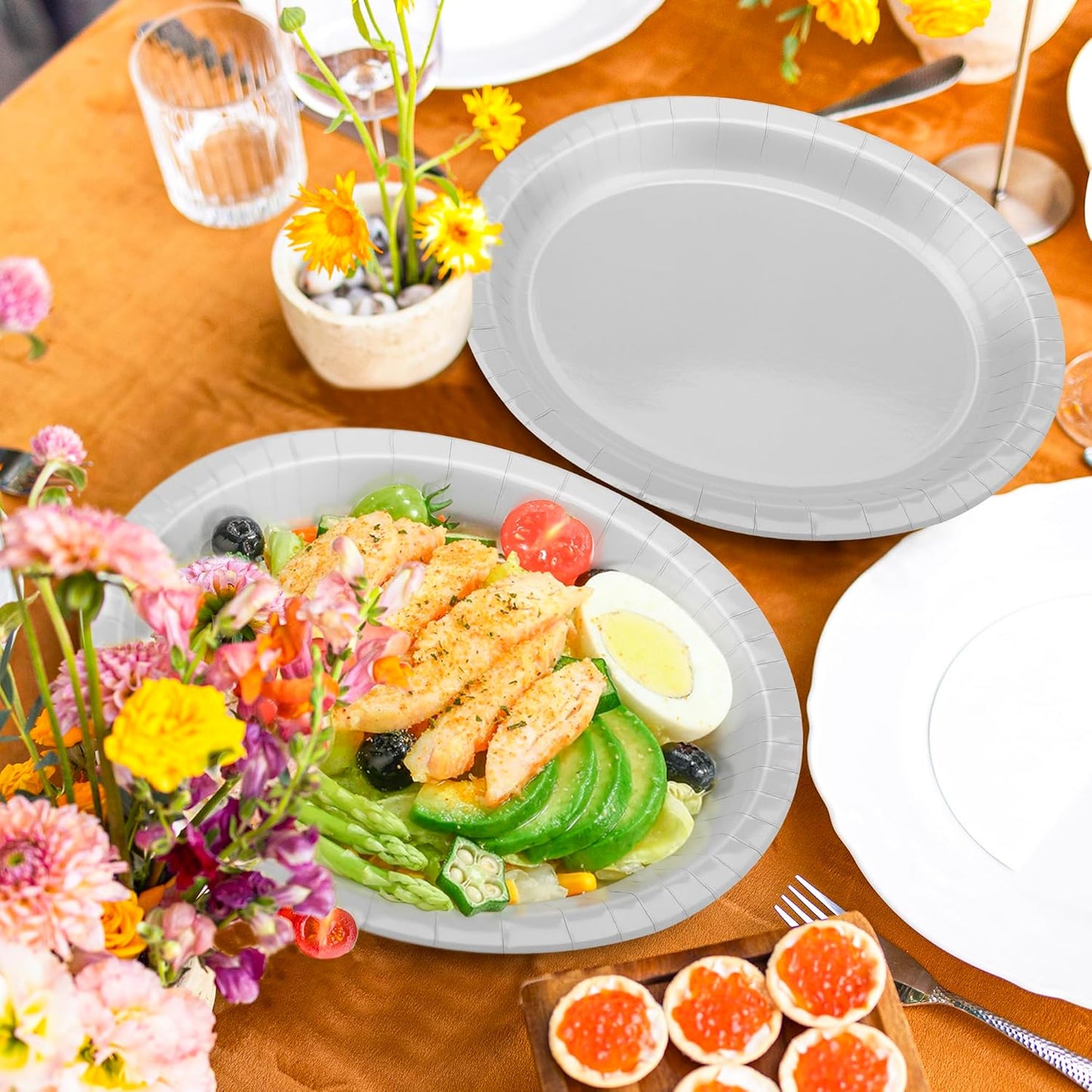 QZYL 50 Count Large Silver Oval Paper Plates, 12.2'' X 10.2'' - Disposable Dinner Plates for Bulk Party Decorations, Wedding, Anniversaries, Graduation, Birthday