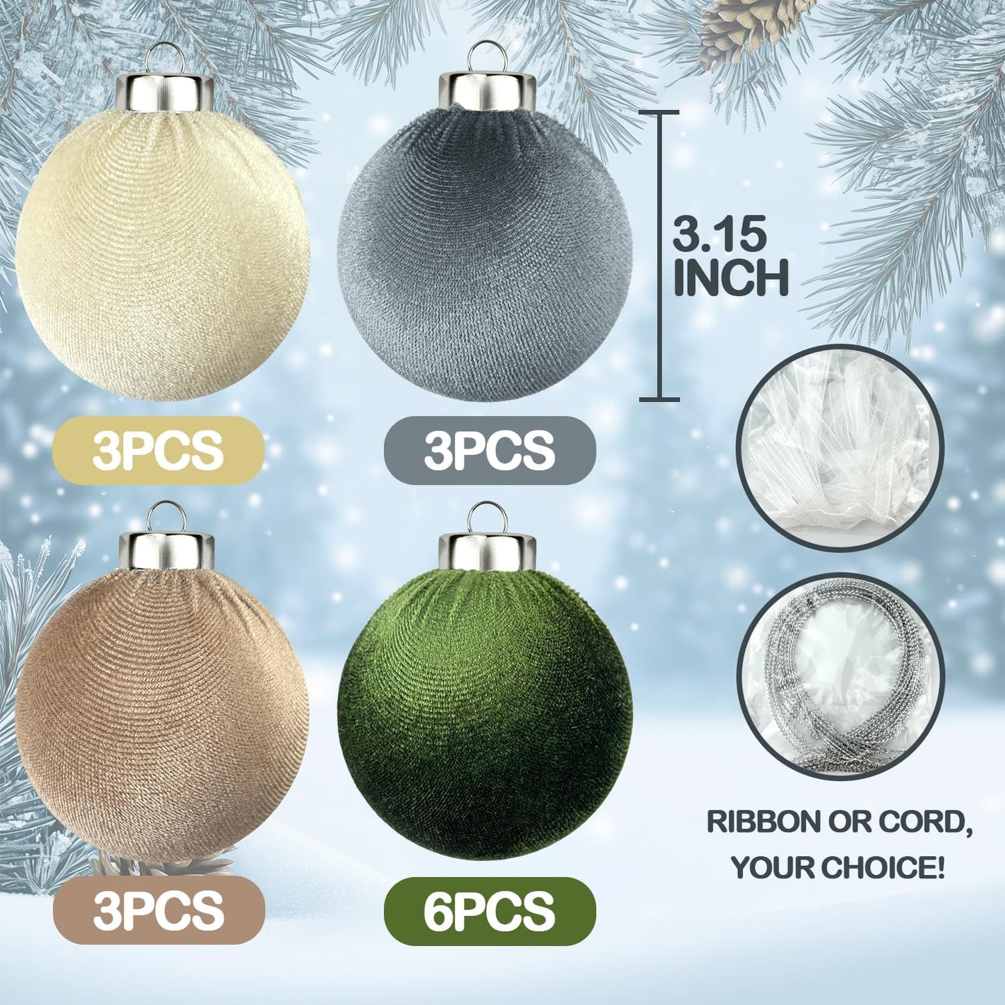 Velvet Ball Ornaments for Christmas Tree 15 PCS, Large Neutral Flocked Christmas Bulb Ornaments Set - Earth Tone Decorative Hanging Baubles, Shatterproof Xmas Decor for Holiday (Multicolor, 3.15 Inch)