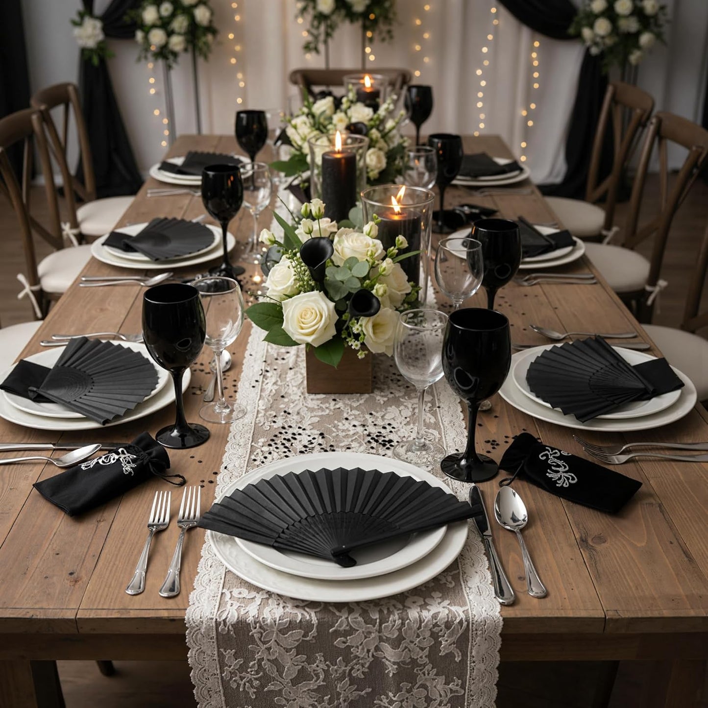 JOHOUSE 12 Packs 8.2 Inch Black Chinese Paper Foldable Hand Fan for Women - Wedding, Bridal Shower, Outdoor Party Favors, DIY Home Decor