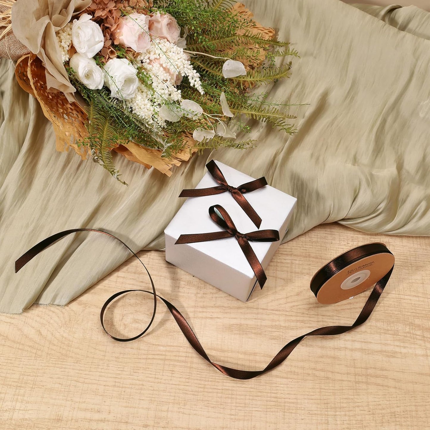 LaRibbons Brown Ribbon 3/8 Inch 25 Yards Luxury Double Faced Friar Brown Silk Ribbon for Flower Bouquet Crafts Gift Wrapping Wedding Party Decoration