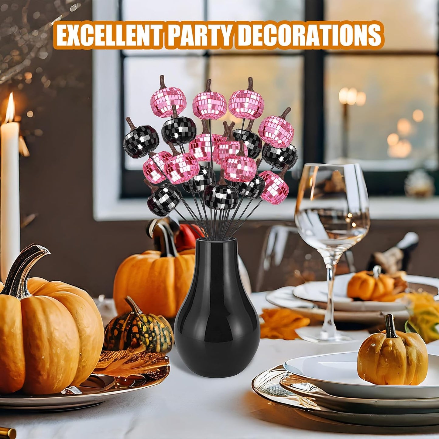 20Pcs Disco Halloween Decor, Disco Pumpkin Table Decoration, 14 Inch Artificial Glitter Mirror Pumpkin Sticks Ornament Halloween Branches for Table Centerpiece Party Decor
