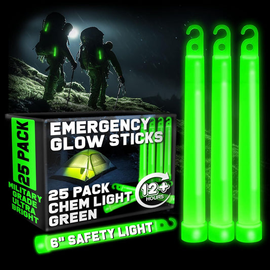 PartySticks Green Glow Sticks Emergency Chem Lights (6", 25 Pack) Military Grade 12 Hour Bulk Tactical Light Sticks for Survival Gear, Camping, Power Outages