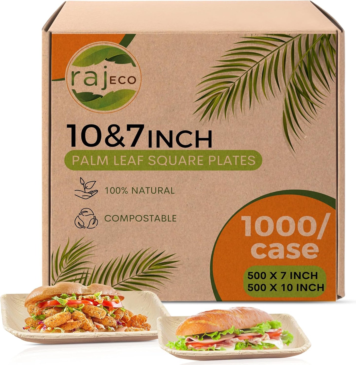 Raj Palm Leaf Plates Bulk [50-Pack] 10" & 7" Square Plates (20 CASES - 1000 PACK) like Bamboo plates Disposable, Strong, Decorative Compostable Tableware for weddings, Lunch, Dinners