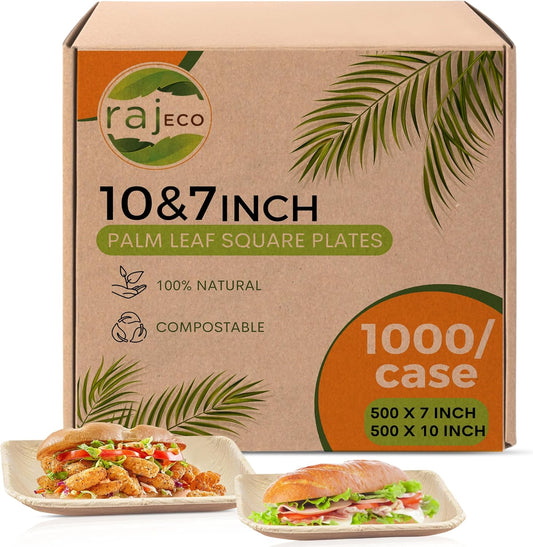 Raj Palm Leaf Plates Bulk [50-Pack] 10" & 7" Square Plates (20 CASES - 1000 PACK) like Bamboo plates Disposable, Strong, Decorative Compostable Tableware for weddings, Lunch, Dinners