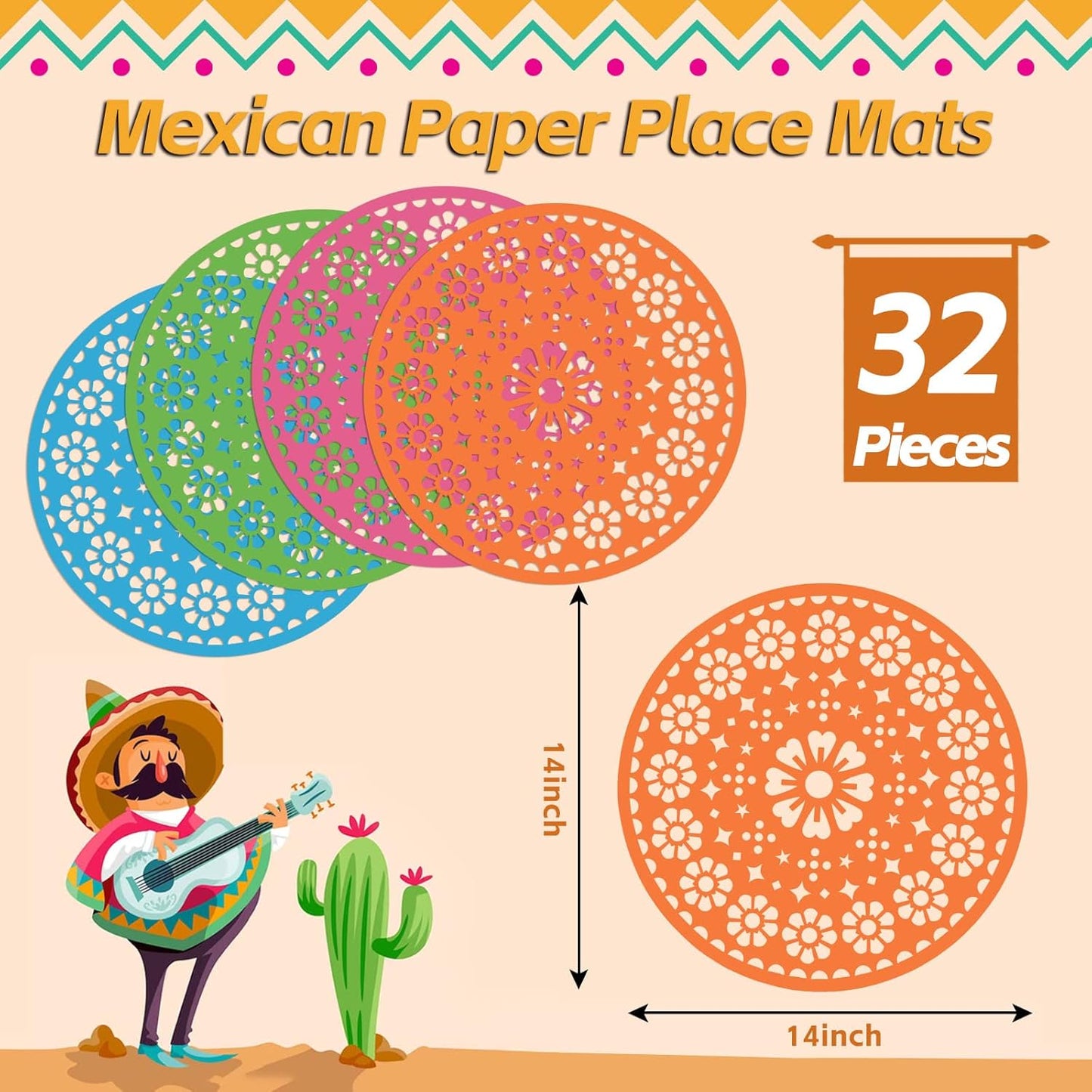 32 Pieces Fiesta Paper Place Mats 14" Mexican Papel Picado Cinco De Mayo Disposable Placemat Round Paper Doilies Cutouts for Mexican Party Supplies Tableware Decoration