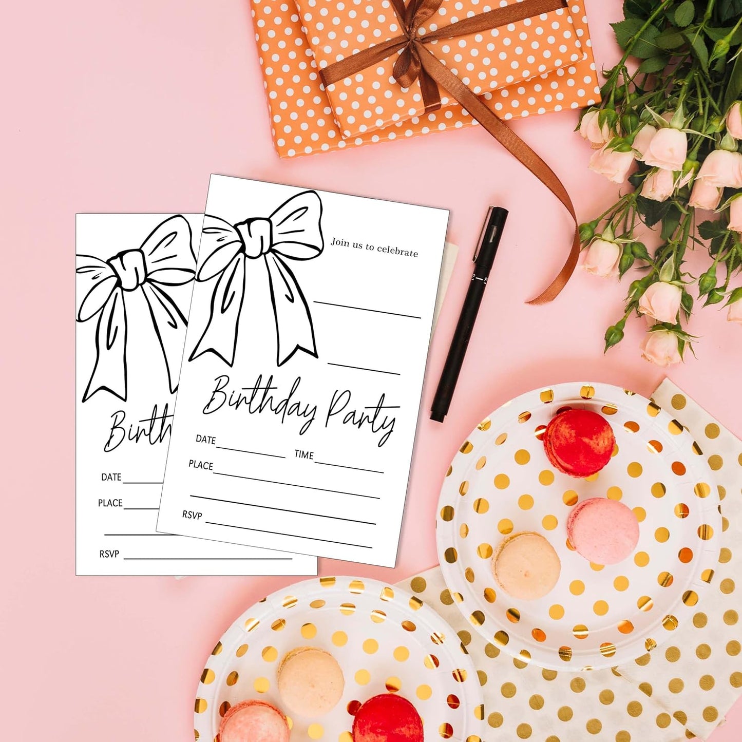 SIXEIGHT Black Bow Birthday Decorations, Black Ribbon Bow Birthday Party Invitations, 20 Party Invitations with Envelopes for Girls Boys, Bows Decorations Supplies, 4"x6"-A10