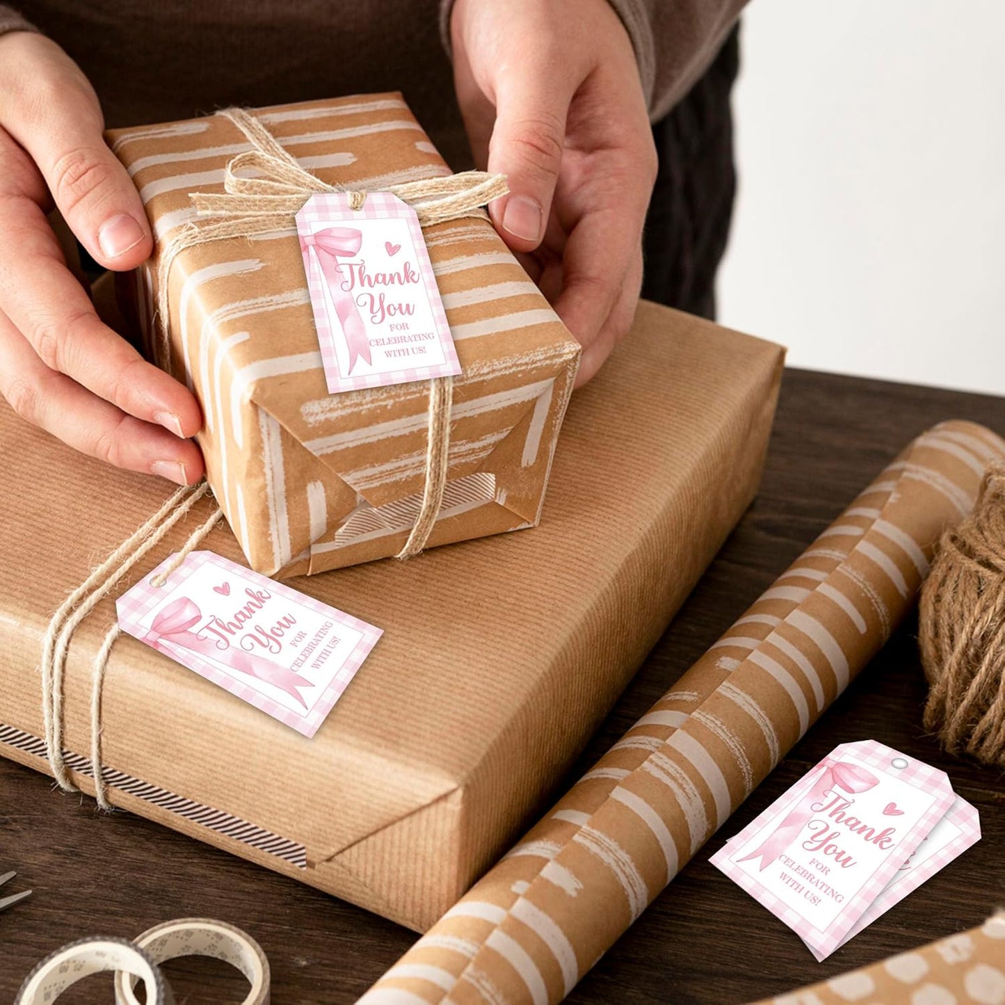 Pink Bow Gift Tags, 50Pcs Thank You Label with String, Thank You for Celebrating with Us Tag, Paper Personalized Design Gift Labels for Wrapping Party Favor-A13