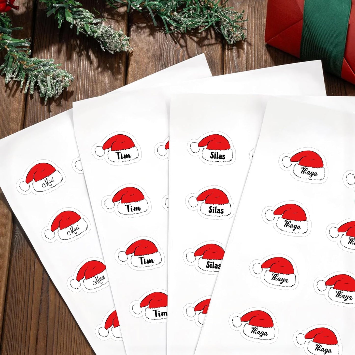 Personalized Christmas Stickers, Custom Name Waterproof Christmas Gift Tags for Gift Box Holiday Decorations, Stockings, Party Favors (Cute Santa Hat)