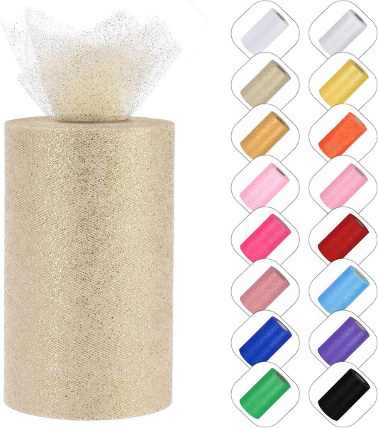Glitter Tulle Rolls 6” by 50 Yards Sparkle Tulle Fabric Ribbon Sequin Tulle Netting Rolls for DIY Tutu Skirt Wedding Birthday Party Decoration (Ivory)