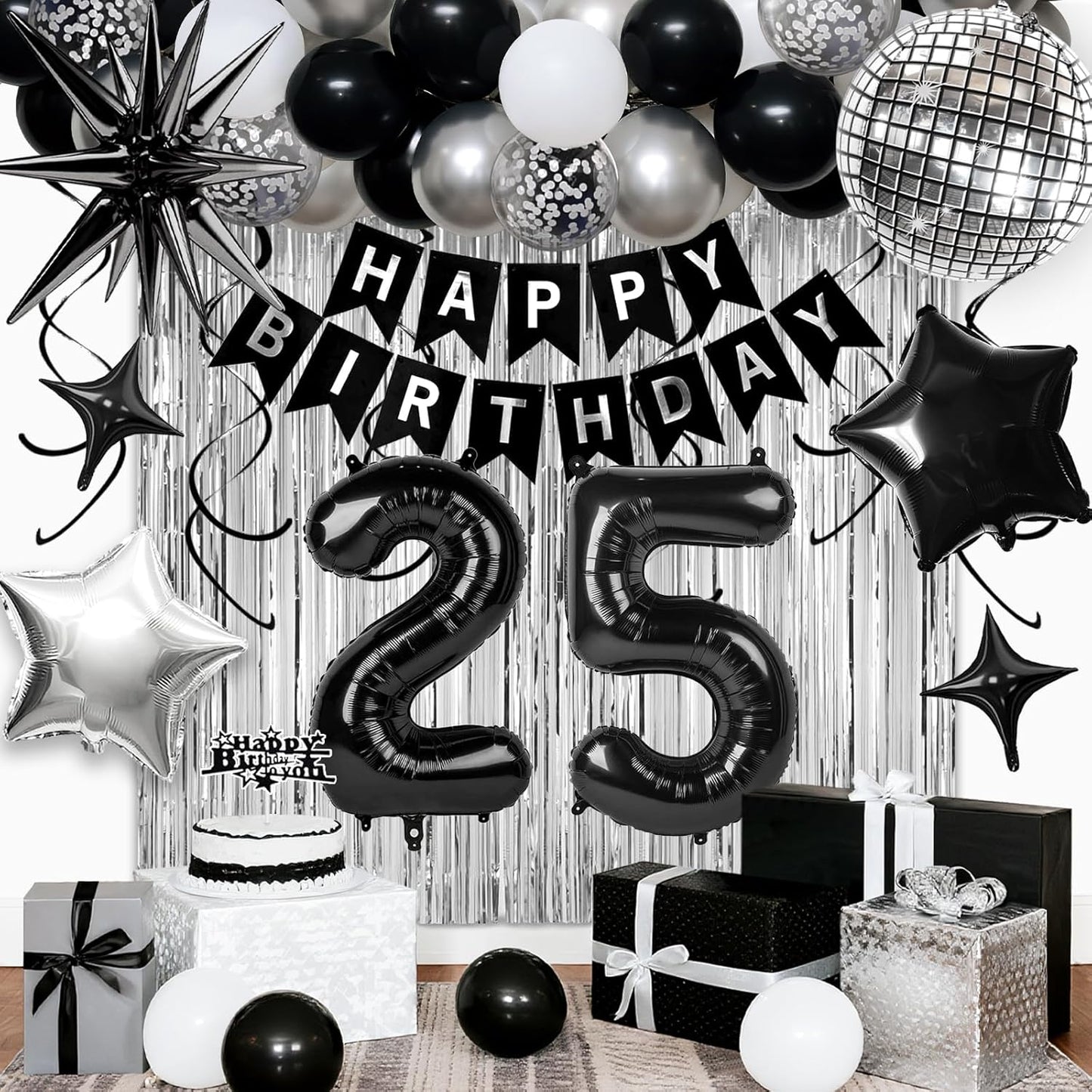 25th Birthday Decorations for Men Women, Black Silver Happy Birthday Party Decorations， 25 Year Old Party Supplies with Number 25 Balloons, Banner, Fringe Curtains Kit