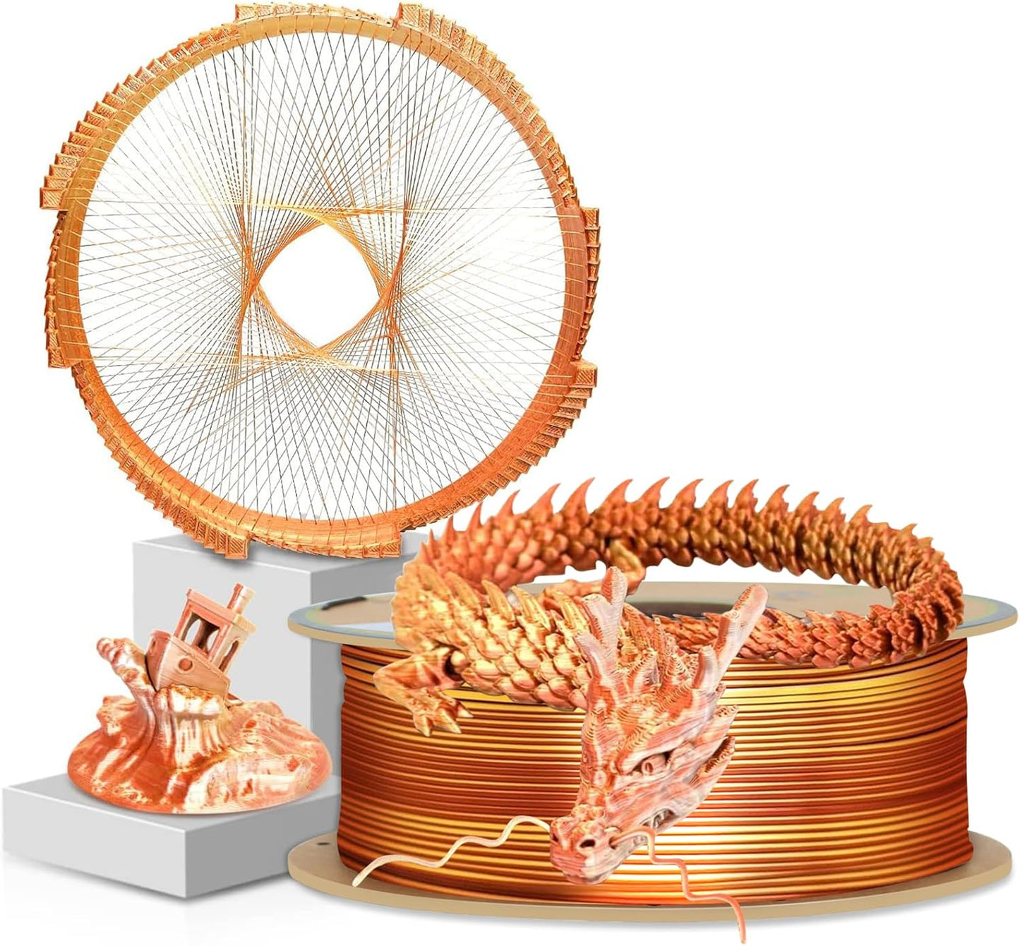 YOUSU PLA Filament1.75mm, Triple Color Coextrusion Silk 3D Printer Filament 1.75mm for 3D Printer & 3D Pen, Multicolor PLA Rainbow Filament, 1kg(2.2lbs) Silk PLA Gold Silver Copper.