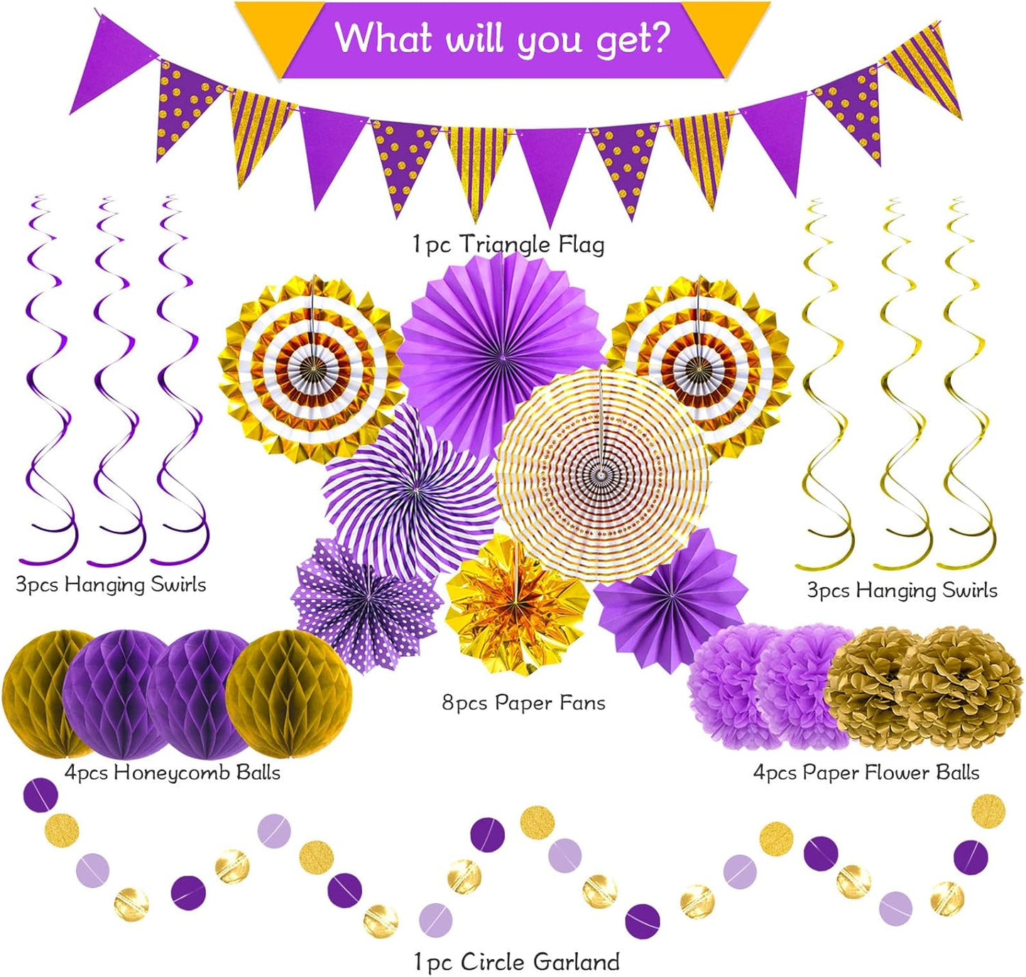Purple Gold Party Decorations Paper Fans, Graduation Season Hanging Glitter Triangle Flags Banner Hanging Paper Fan Happy Birthday Banners and Triangular Flag, Bridal Shower,Purple Themed Birthday