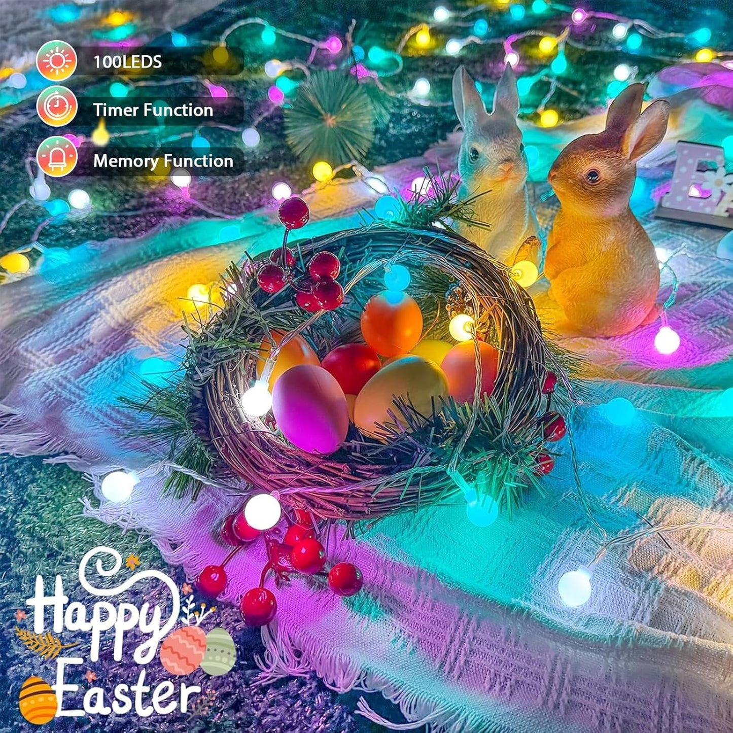 Connectable 100LED Easter String Lights Outdoor Indoor, 43ft Pastel Lights with Timer, 13 Modes Plug in Multicolor Globe Light, Waterproof Twinkle Fairy Light for Easter Decorations Bedroom Decor