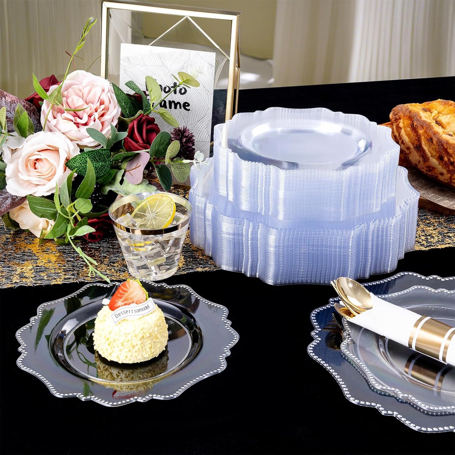 COLOSUS 350pcs Clear Plastic Plates Disposable Gold Cutlery Dinnerware set for party: 50 Dinner Plate, 50 Dessert Plate, 50 Per Rolled Napkins with Gold Silverware, 50 Cups 9 OZ for Wedding & Party