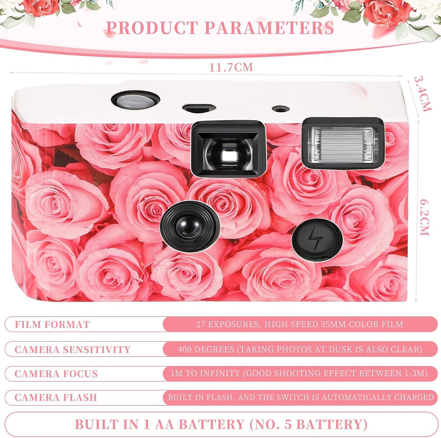 12 Pack Disposable Camera Bulk for Wedding 34 mm Single Use Film Camera with Flash for Wedding Baby Shower Anniversary Gathering Travel Camp Party Supply(Pink Rose)
