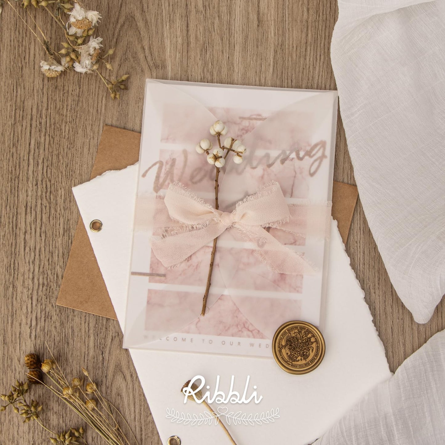 Ribbli Champagne Ribbon 1 Inch x 3 Rolls Total 24 Yards Nude Handmade Fringe Chiffon Silk Ribbon for Wrapping Wedding Invitations Bridal Bouquets DIY Crafts Home Decor