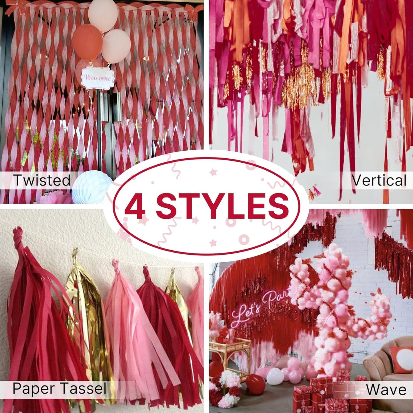 PartyWoo Burgundy Crepe Paper Streamers 4pcs 328ft Pack of Maroon Crepe Paper Streamers for Graduation Wedding Engagement Birthday Bachelorette Citizenship Strawberry Theme Party Decorations