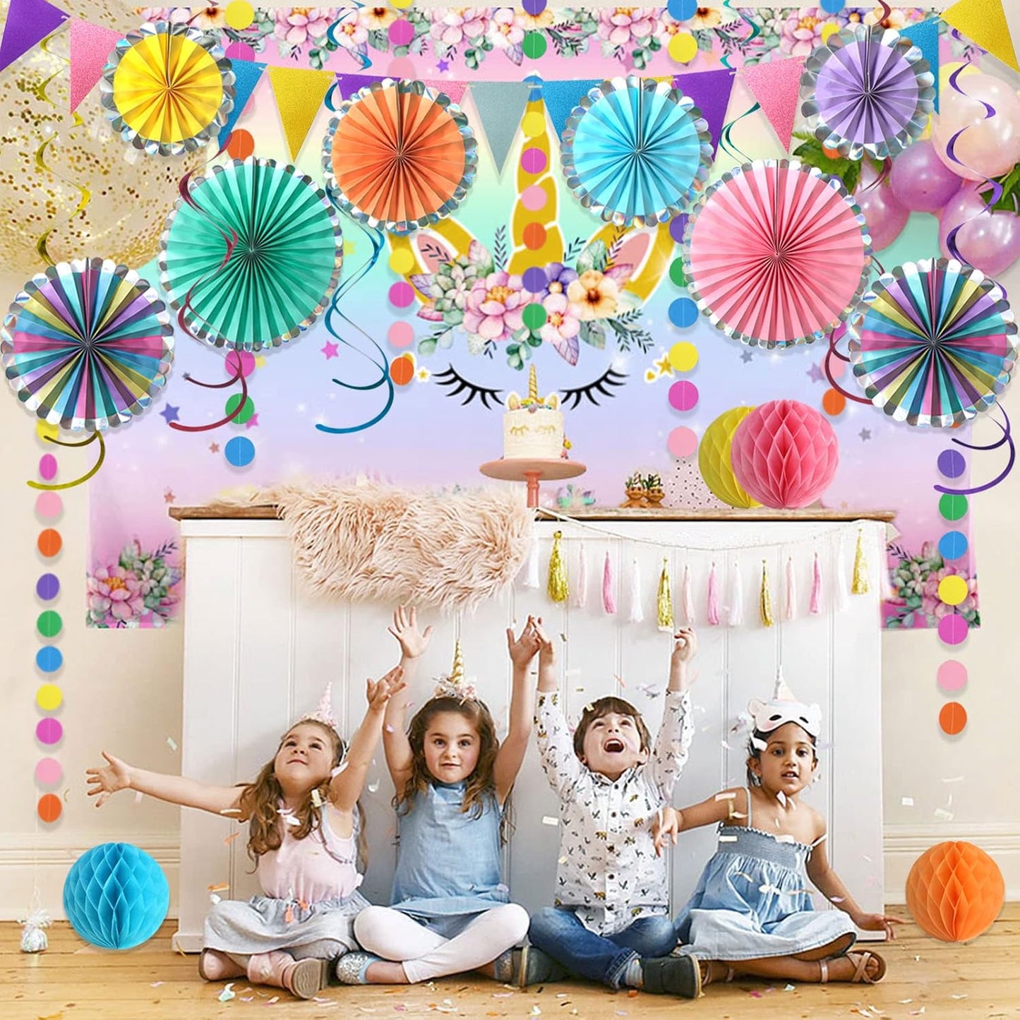 Colorful Hanging Paper Fan Party Decorations, Birthday Decorations Supplies for Women and Men, Fiesta Rainbow Colorful Fans Paper Flowers Tissue Pom and Favors Streamers Banner Decor for Adults Kids