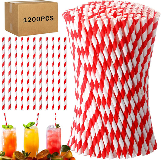 Eaasty 1200 Pcs Colored Paper Straws Bulk Disposable Striped Drinking Paper Straws for Summer Juice, Shakes, Cocktail,7.87 Inches, 0.24'' Diameter (Red)