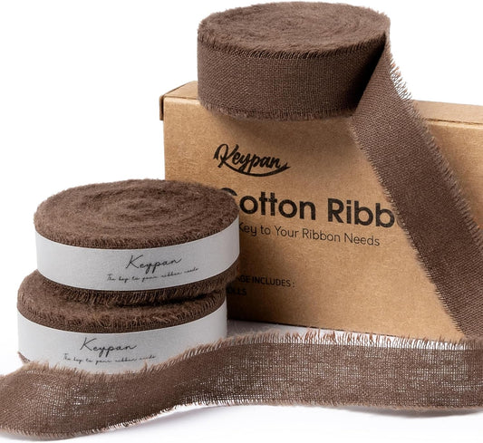 Brown Ribbon 5/8" x 21 Yards with Frayed Fringe Fabric Cotton Ribbons for Gift Wrapping Wedding Invitations Flower Bouquet Baby Shower