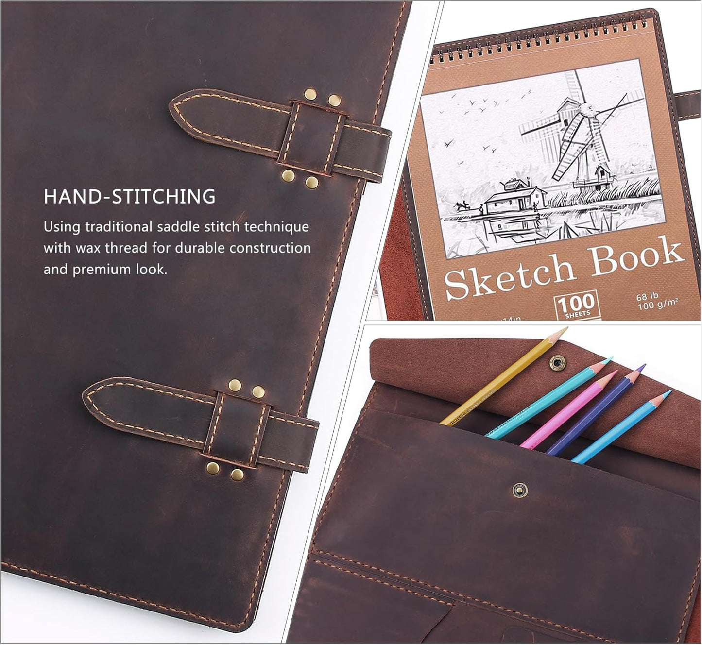 Robrasim Handmade Leather Sketchbook Cover, Artist Sketch Pad Holder for 11"X14" Top Spiral Bound Sketchbook, Drawing Book Pencil Case, Journal Portfolio with Shoulder Strap, Artist Gifts,Coffee