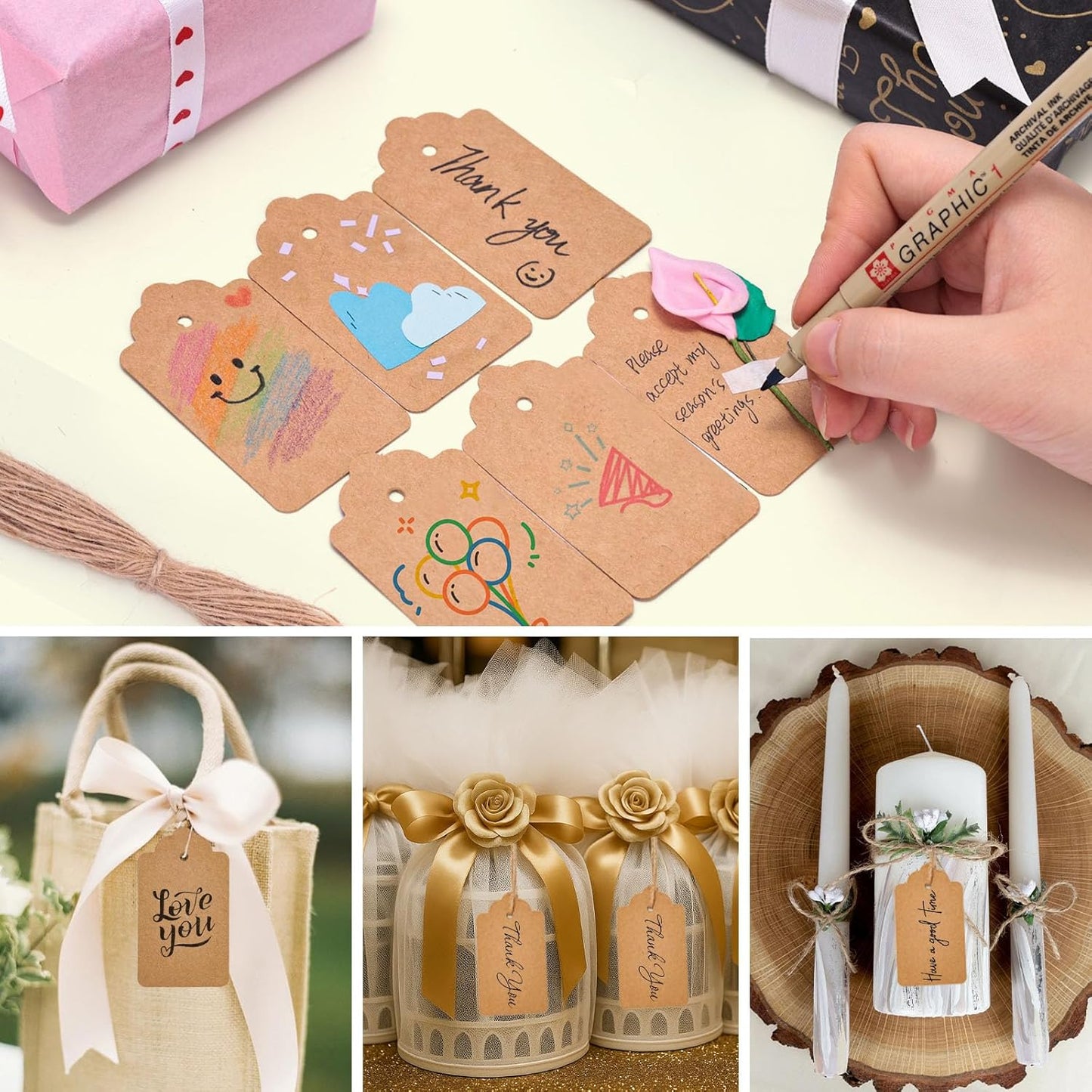 SallyFashion 300pcs Gift Tags with String Attached, 1.7 x 2.8 inch Kraft Paper Hang Tags for Clothes DIY Crafts Wedding Holiday (Brown)