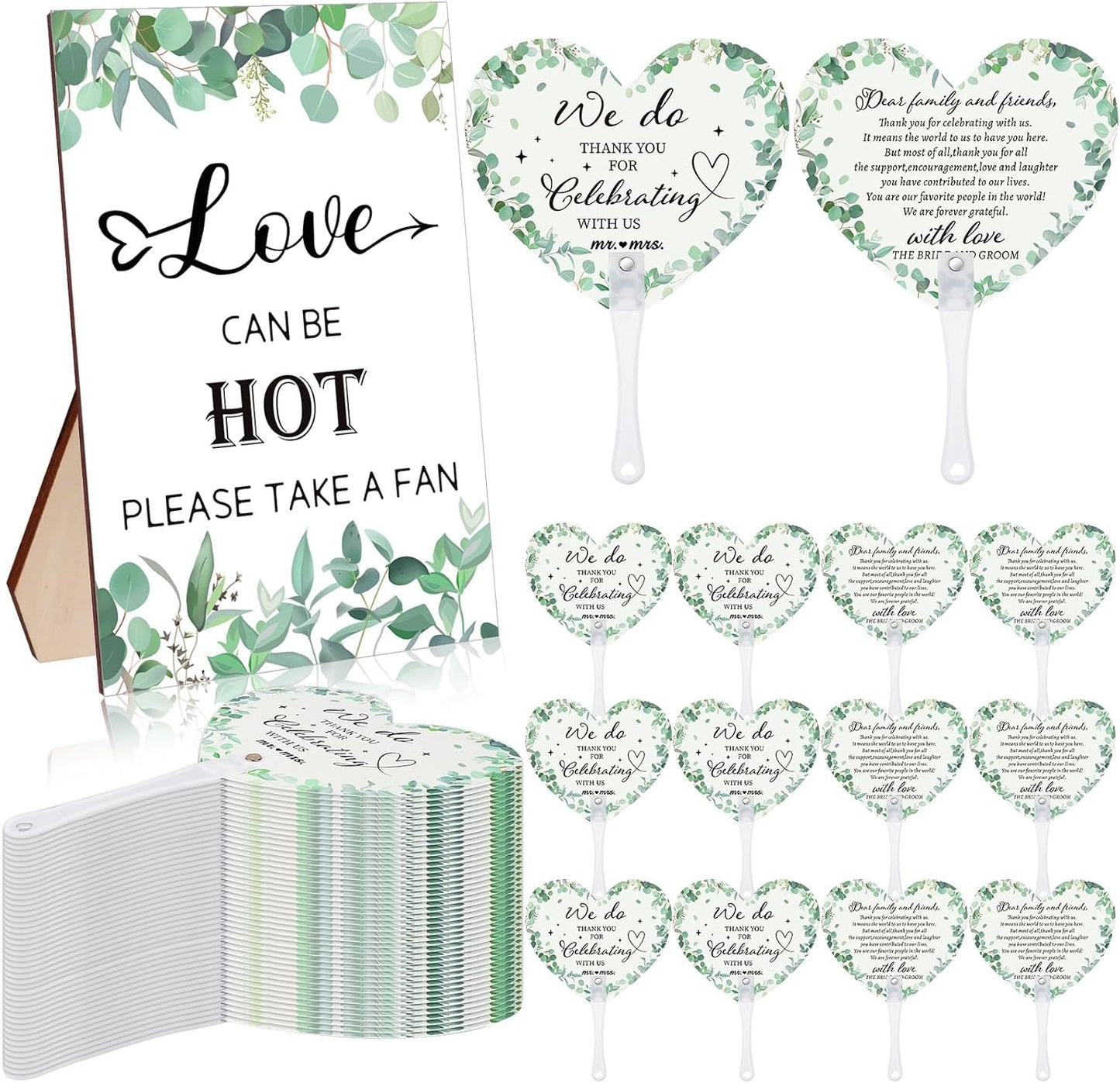 60Pcs Wedding Fan Gifts for Guests Greenery Handheld Fan with 1 Wedding Table Sign, Greenery Wedding Favors Thank You Fans for Guests Hostess Gifts Plastic Handheld Heart Shape Fan Green Leaf Pattern