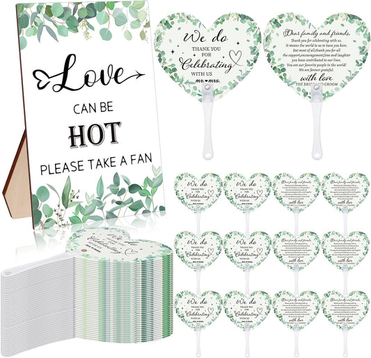 60Pcs Wedding Fan Gifts for Guests Greenery Handheld Fan with 1 Wedding Table Sign, Greenery Wedding Favors Thank You Fans for Guests Hostess Gifts Plastic Handheld Heart Shape Fan Green Leaf Pattern