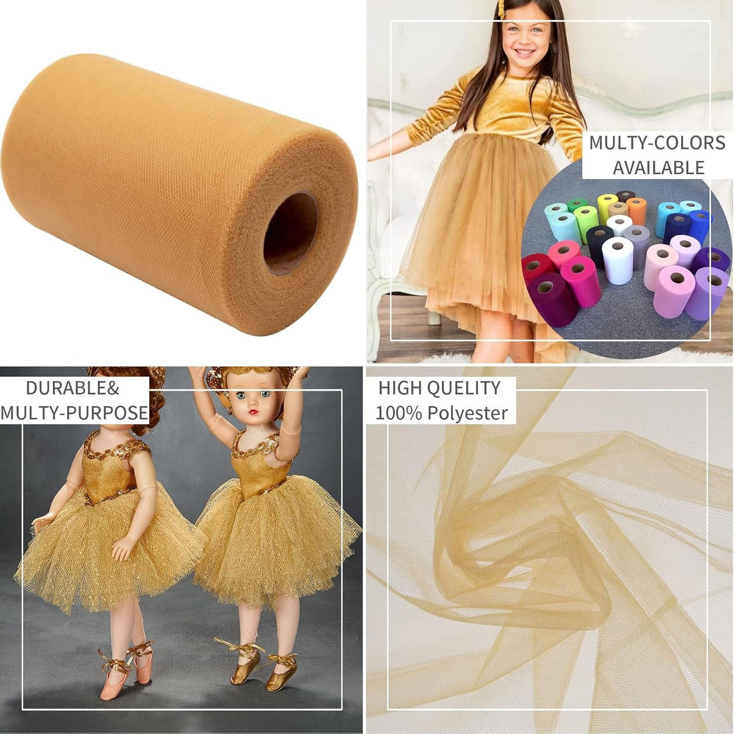 Gold Tulle Fabric Rolls 6 Inch by 100 Yards (300 feet) Fabric Spool Tulle Ribbon for DIY Gold Tutu Bow Baby Shower Birthday Party Wedding Decorations Christmas Craft Supplies